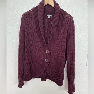 J. Jill cardjgan with ruffle sleeves burgundy plumb large  long sleeve button